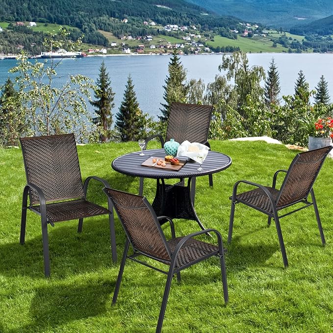HAPPYGRILL 6 Pack Stackable Dining Chairs Outdoor PE Wicker Patio Arm Chairs with Rustproof Steel Frame, Bistro Deck Chairs for Backyard Garden and Poolside