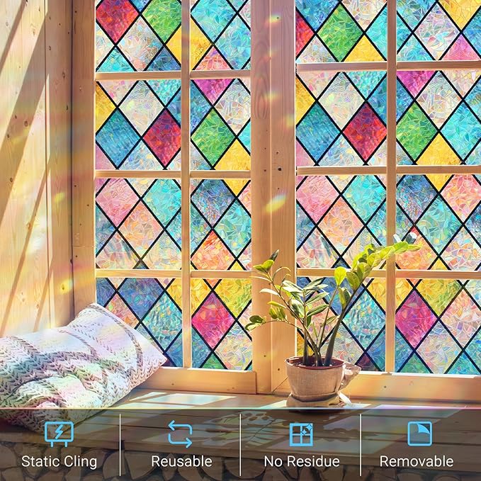 Haton Stained Glass Window Film, Rainbow Window Privacy Film, Decorative Sun Blocking Glass Clings Stickers, Static Cling Colorful Lattice Coverings Decals for Home Door 17.5" x 157.4"