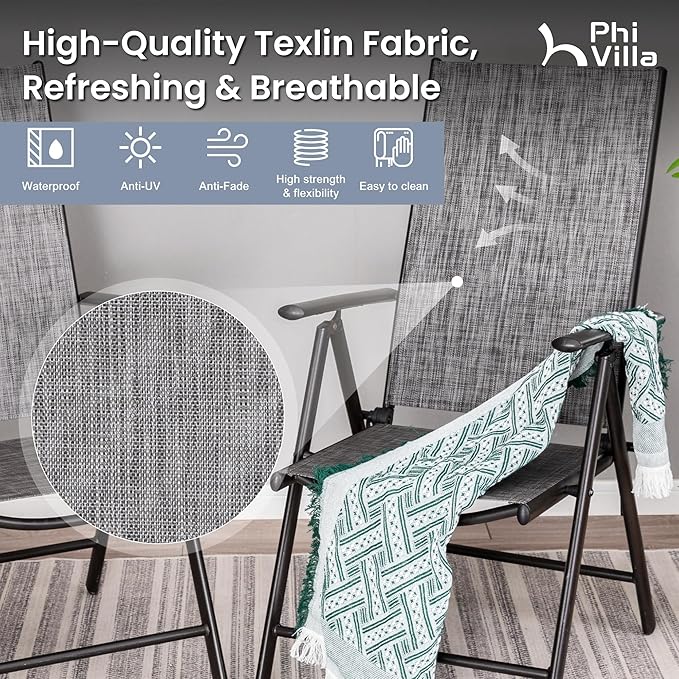 PHI VILLA Outdoor Patio Folding Chairs Set of 2, Portable Patio Dining Chairs with Adjustable Backrest for Outside, Garden, Lawn & Yard, No Assembly, Grey