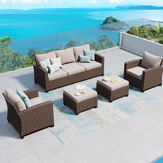 SUNSHINE VALLEY Patio Furniture Set Outdoor Furniture Brown Wicker Rattan Patio Conversation Sets with Cushion Outside Sofa Set,5 Pieces 7 Seats,Beige