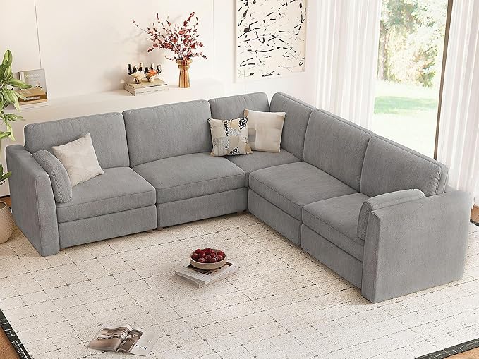 CUGOAO 117.7'' Modular Sectional Sofa, Oversized L-Shaped Sectional Couch, Deep Seat Chenille Cloud Couch, Removable Cover, Mordern Upholstered Couches for Living Room, Apartment, Office, Grey