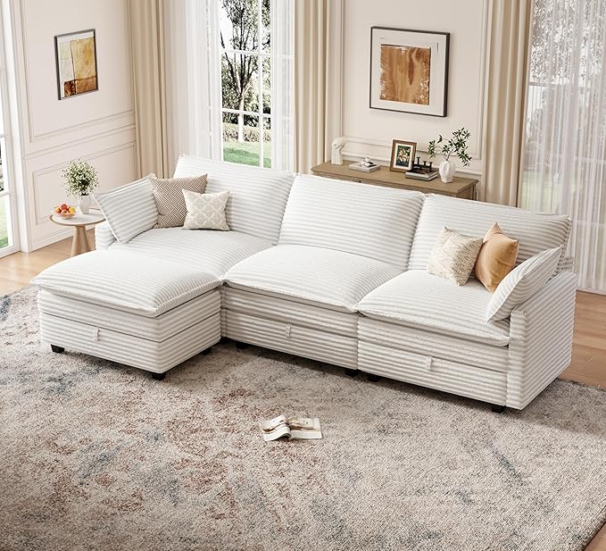 OhaiAura Modular Sectional L Shaped Sofa Couches with Storage Ottoman, Cloud Couch for Living Room, Comfy Sofa with Pillow, White