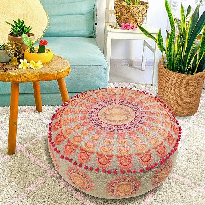 Mandala Life ART Large Boho Pouf Cushion Cover Pink Round Floor Pillow Luxury Kids Room Décor Cotton Pouf Ottoman Cushion for Meditation Yoga and Boho Chic Seating Area Stool Cotton 24x8 Unstuffed