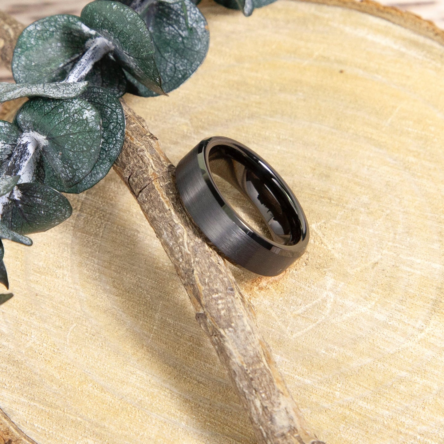 LerchPhi Black Tungsten Carbide Ring - Polished Beveled Edge & Matte Satin Finish, 8MM Band Width, Size 15