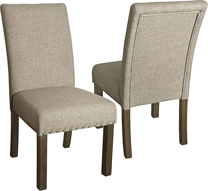 Homepop Home Decor | Classic Upholstered Parsons Dining Chairs | Set of 2 Accent Dining Chairs with Nailhead Trim, Natural Linen