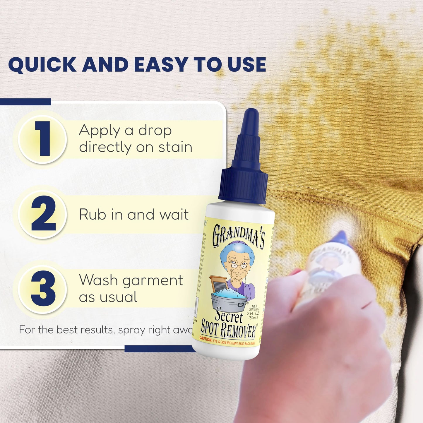 Grandma's Secret Spot Remover Laundry Spray - Chlorine, Bleach and Toxin-Free Fabric Stain Remover for Clothes - Removes Oil, Paint, Blood and Pet Stains - 2 Oz, 3 Pack