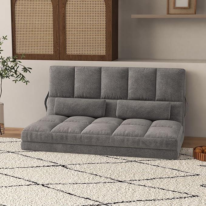 HOMCOM Convertible Floor Sofa Chair, Folding Couch Bed, Guest Chaise Lounge with 2 Pillows, Adjustable Backrest and Headrest, 51.25" L, Dark Gray