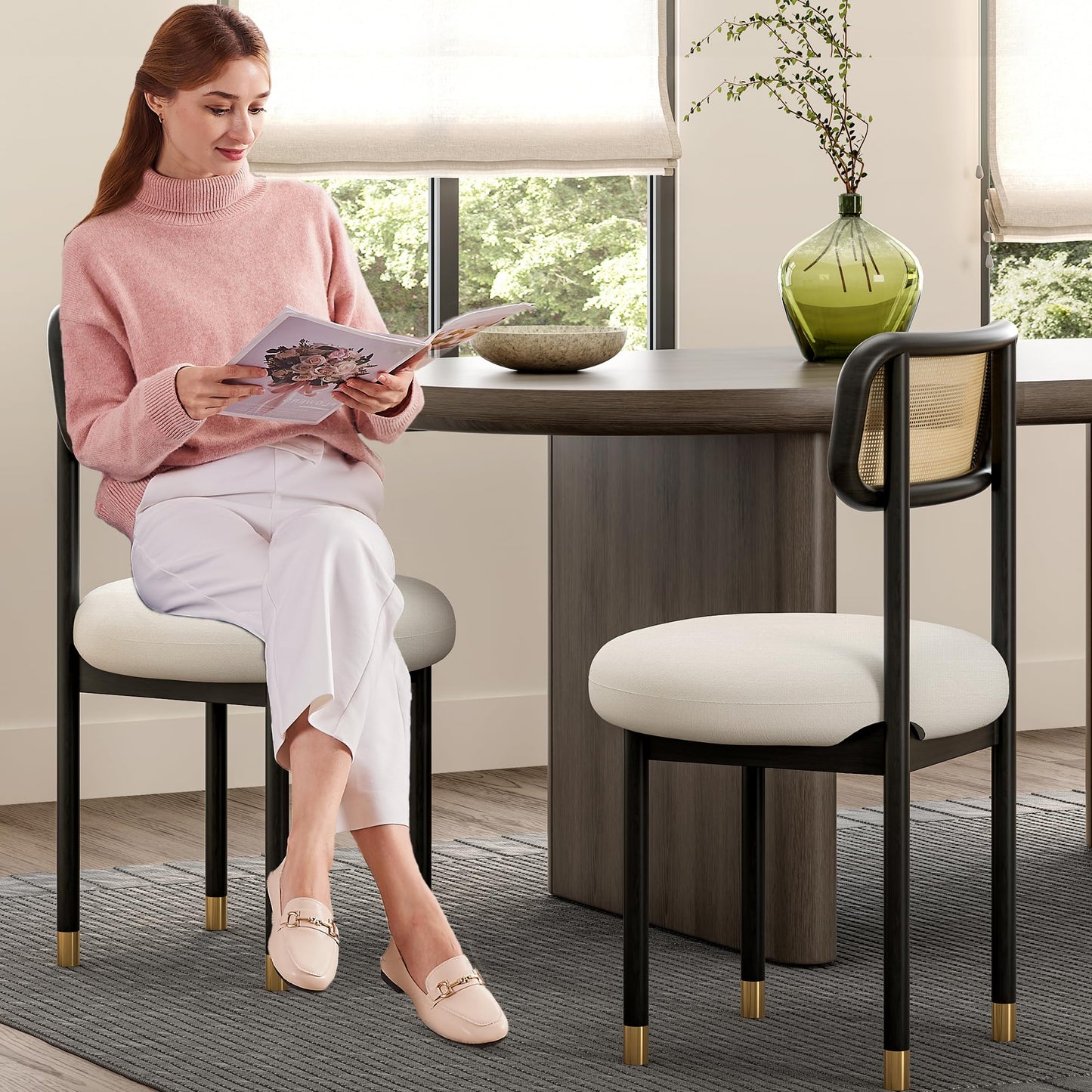 HoeuThien Upholstered Rattan Dining Chairs Set of 4, Mid Century Modern Kitchen Chairs with Curved Back and Solid Wood Legs Armless Accent Chair for Living Room Bedroom Restaurant, Black/White Linen