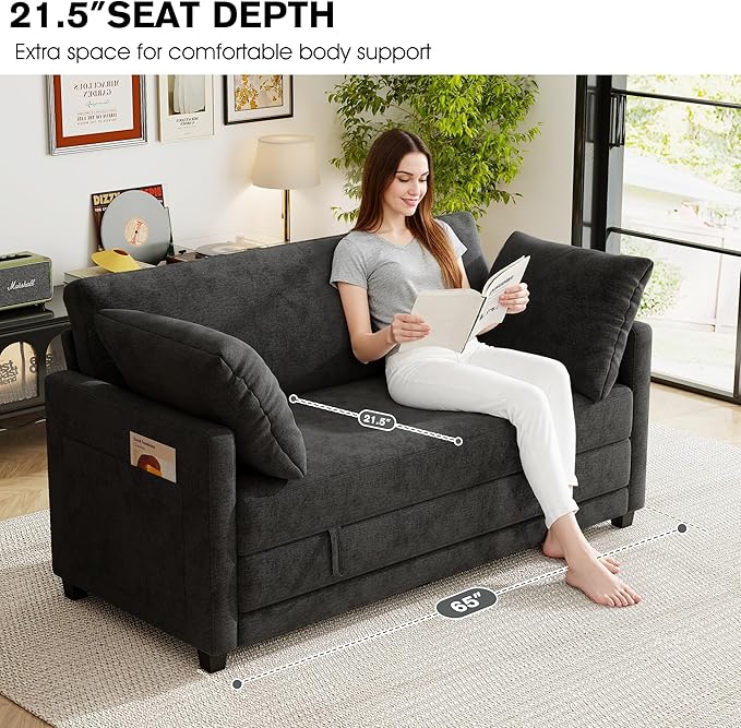 kakuboohi 65" Loveseat Sleeper Sofa Bed, Chenille Convertible Floor Sofa Bed for Small Spaces, Folding Couch Bed with Deep Seat, 2 Pillows & Solid Frame, Pull Out Floor Couch for Living Room, Black