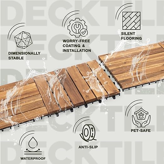 VICTORY RELAX Acacia Wood Decking Tiles 27PCS - Easy Snap Interlocking Deck Tiles for Patio Poolside Balcony Decor - All Weather Waterproof Flooring for Indoor & Outdoor (Round Joints)