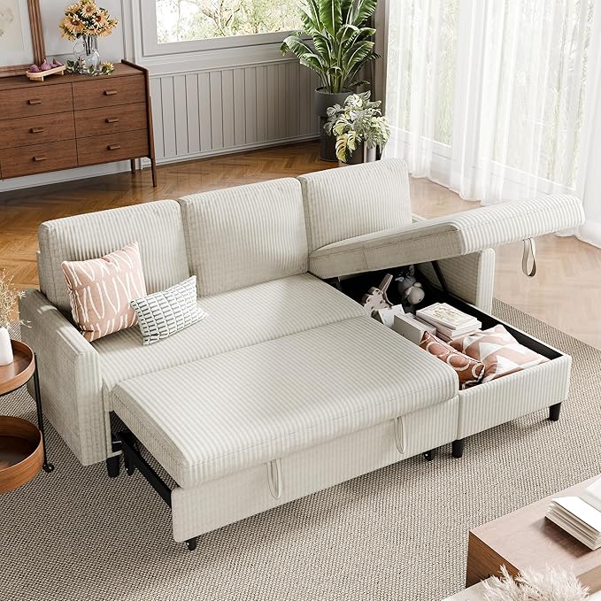 Nuturelly Sectional Sofa Couch Bed L Shaped Sleeper Sofa Bed Pull Out Bed with Storage, Reversible Sectional Couches for Living Room, Apartment, Office(White)