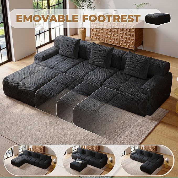 104" Modern L Shaped Modular Sectional Sofa, 4 Seater Convertible Chenille Cloud Couch Sofa Set, Boneless Couches for Living Room with Ottoman, No Assembly Required, Black