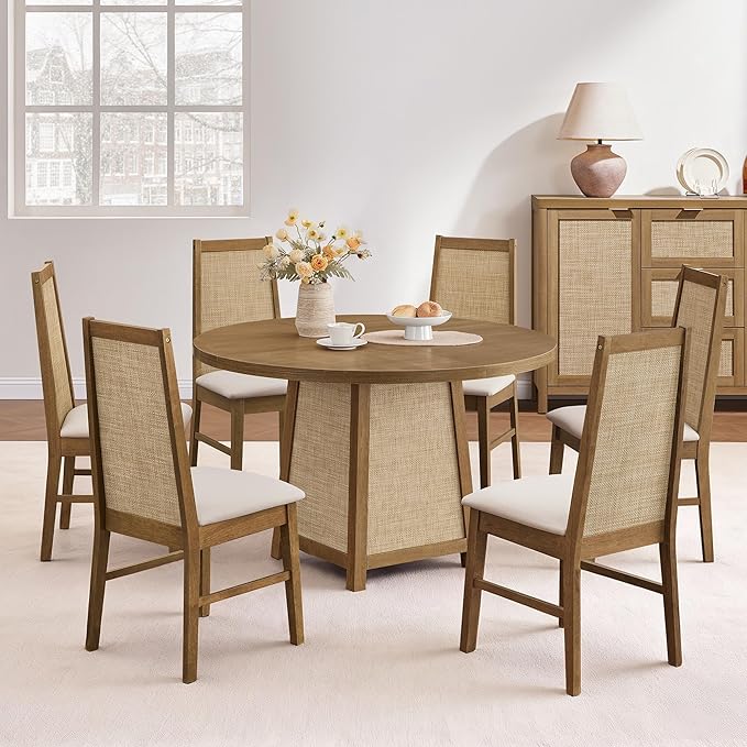 SICOTAS Wood Dining Chairs Set of 6 - Rattan Dining Room Chairs with Solid Wood Leg, Farmhouse Upholstered Kitchen Chairs High Back, Modern Armless Dining Chair for Dining Room, Kitchen, Oak, 6PCS