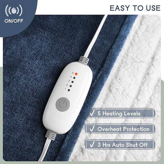 Heated Blanket Electric Throw Size 50''x60'' with 5 Heating Levels, 3 Hour Auto Shut Off, Machine Washable, Flannel & Sherpa Double-Sided Soft Warming Blanket for Couch, Bed, Office - Navy Blue