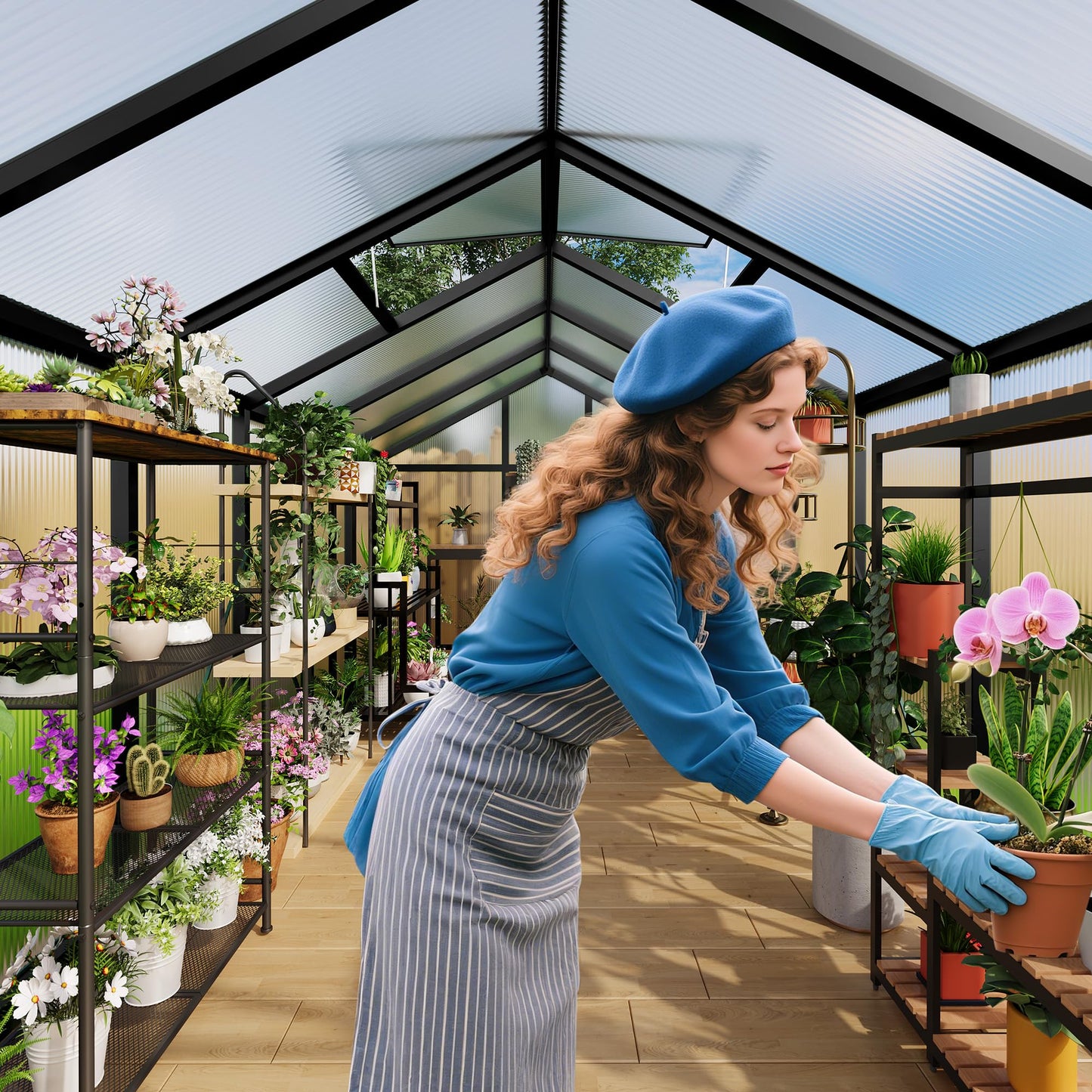 8X10FT Greenhouse, Aluminum Polycarbonate Outdoor Green House, Green Houses for Outside with Sliding Doors, Ajustable Roof Vent, Withstands Bad Weather for Garden, or Backyard, Black
