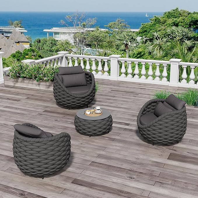 Erotr 4 Pieces Courtyard Seating Set: Aluminum Woven Rope Patio Furniture Chair Set - All Weather Metal Outdoor Conversation Set - Assembled Armchair w/Table for Bistro Deck Porch Balcony, Dark Grey