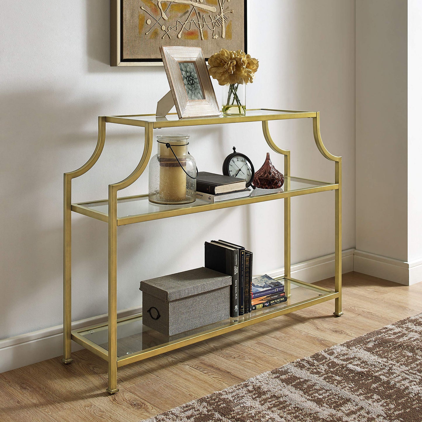 Crosley Furniture Aimee Sofa Console Table with Storage Shelves for Hall, Entryway, or Living Room, Gold and Glass