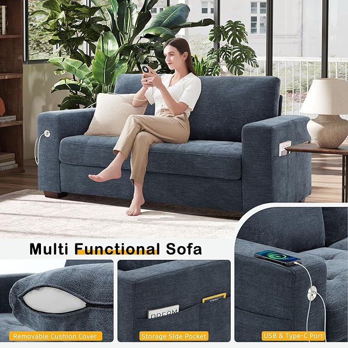 Hanherry 70" Loveseat Sofa for Living Room, Modern Comfy Couch with Medium Firm Seat Cushion, Removable Cover,Wide Armrest,USB/Type-C Port,Chenille Fabric Couches for Small Space,Apartment,Bedroom