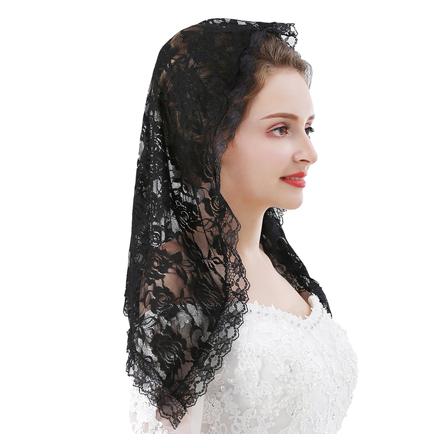 Grettytling Lace Mantilla Veil Soft and comfortable 7 Colors Spanish Style Rose Lace Veil Head Covering D Shape (Black)