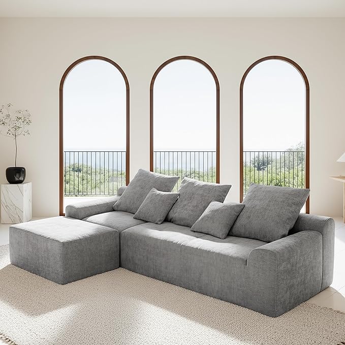 SEENYOO 111.2" Boneless Couch,Cloud Sectional Sofa with L-Shape Chaise,No Assembly,High-Density Memory Foam,Chenille Comfy Sofa for Living Room, Bedroon and Apartment (Grey)