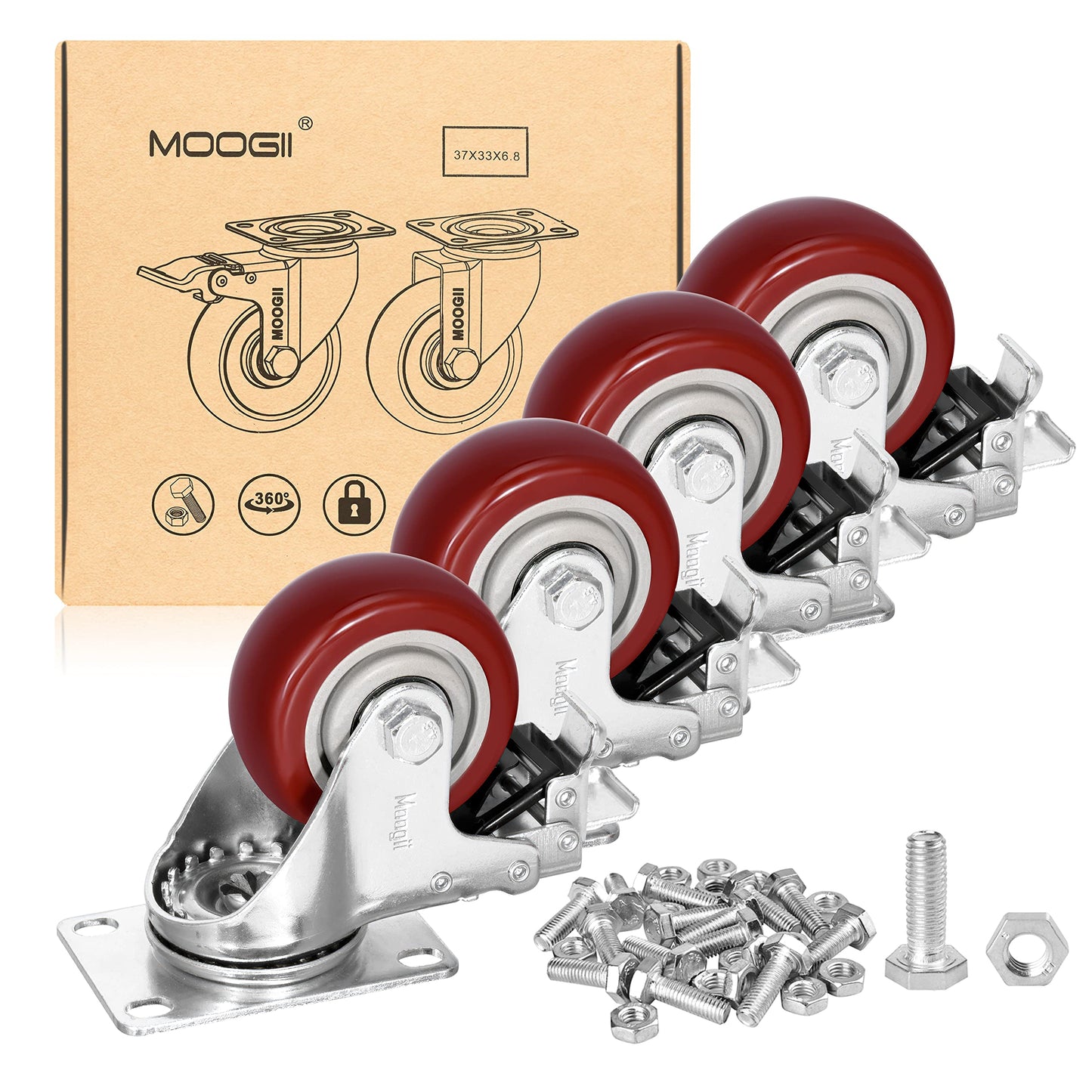 3 inch Heavy Duty Casters Load 1500lbs,Lockable Bearing Caster Wheels with Brakes,Swivel Casters for Furniture and Workbench，Set of 4 (Free Screws)