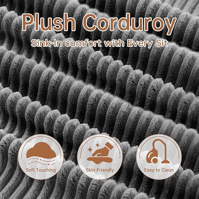 108 '' W Boneless Couch with L-Shape Chaise,No Assembly Required, Upholstery Corduroy Cloud Couch with Deep Seats and 5 Pillows Back, Free Combination (Grey)