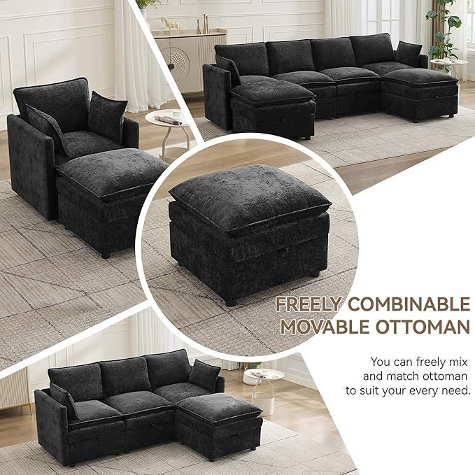 27" Cloud Sectional Modular Couch Ottoman with Storage, Upholstered Footrest with Anti-Slip Legs Large, Chenille Square Ottoman for Living Room, Bedroom, Entryway, Black