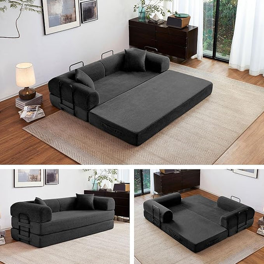 79" 5-in-1 Folding Convertible Sofa Bed, Oversized Corduroy Futon Floor Couch with Pull-Out Sleeper, Modular Boneless Loveseat for Small Spaces, Living Room, Bedroom (Black)