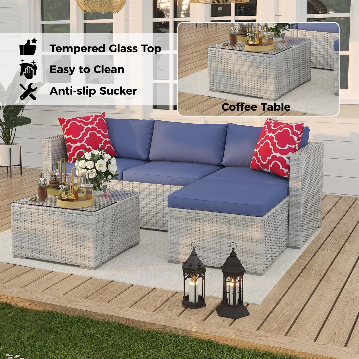 IDEALHOUSE 5-Piece Outdoor Sectional Sofa Set – All-Weather PE Rattan Conversation Furniture with Tempered Glass Table, Waterproof Blue Cushions & Footstool – Garden, Porch, Poolside – Gray Gradient