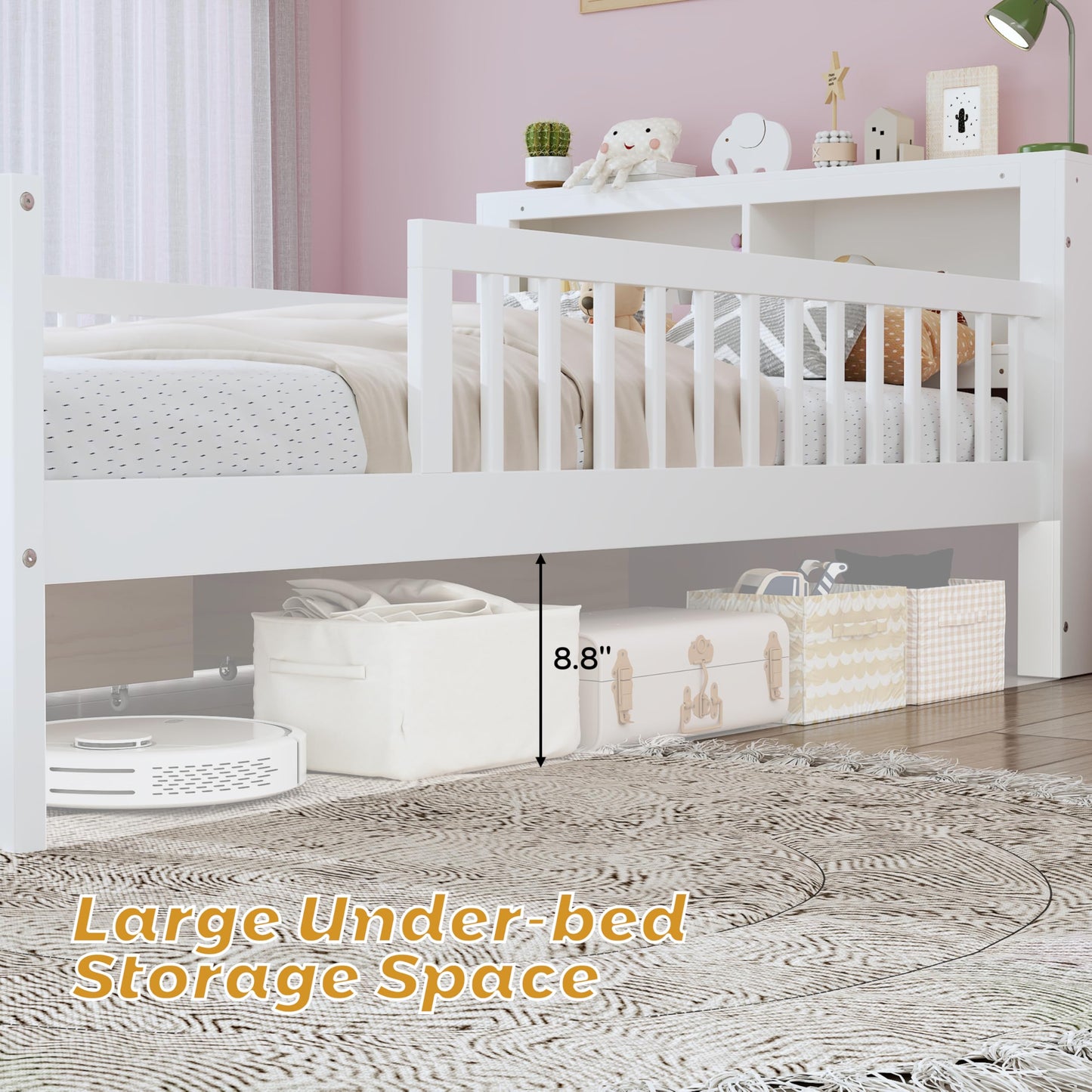 Bellemave Kids Twin Bed Frame with Storage Headboard, Wooden Platform Bed with 3 Side Guardrails and 2 Drawers, Twin Size Bed Frame, No Box Spring Needed, Low Daybed for Kids, White