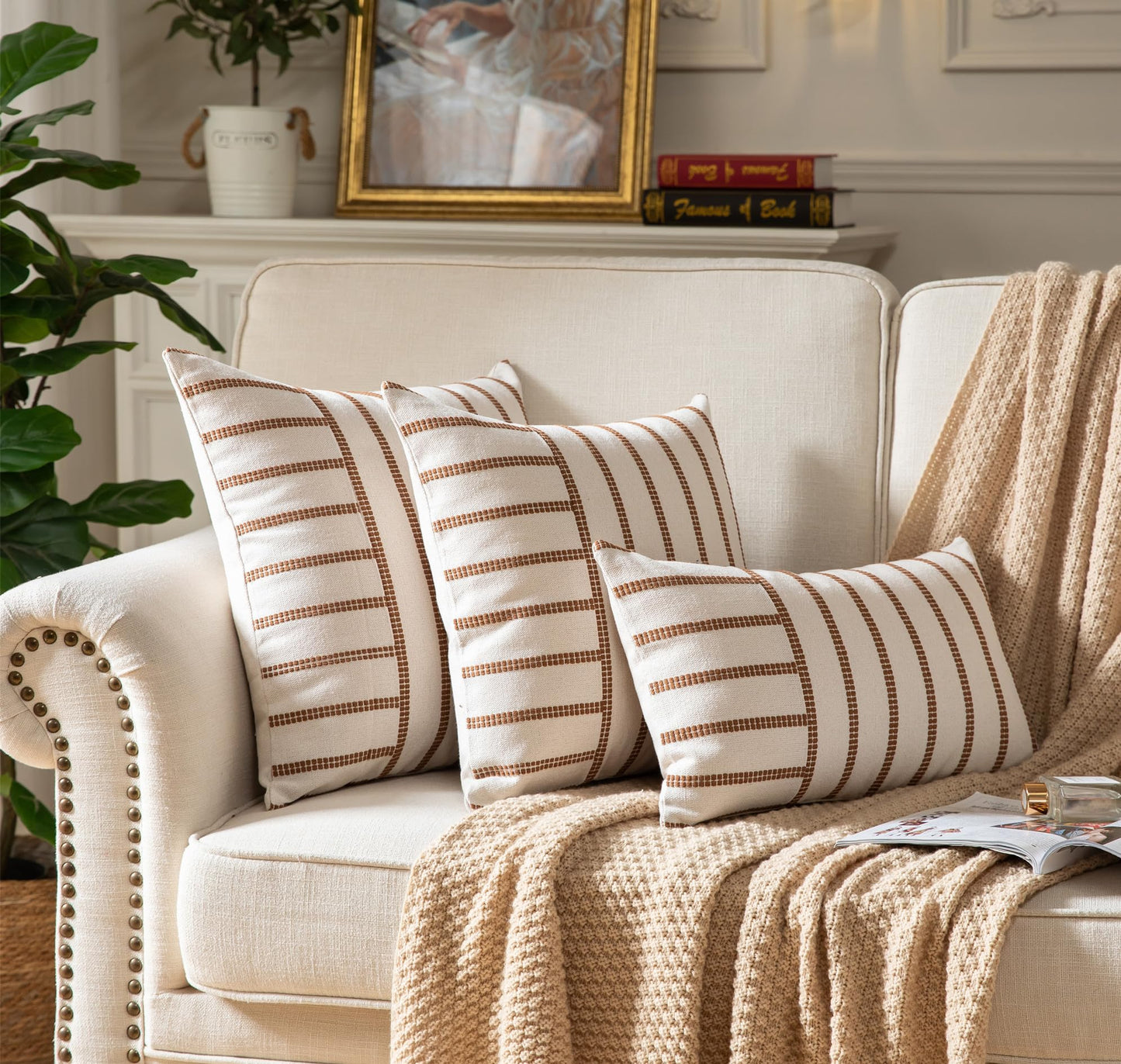 Boho Throw Pillow Covers 18x18 Set of 2 Soft Farmhouse Decorative Couch Pillow Cases Brown Striped Pillow Covers Neutral Cushion Covers for Sofa Bed Living Room Home Decor