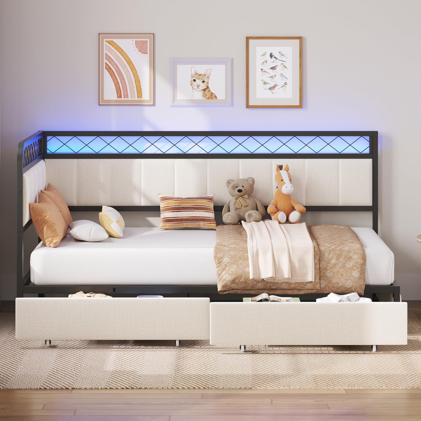 ANCTOR Twin Corner Bed Frame with 2 Storage Drawers, Daybed with LED Lights and Charging Station, Metal Platform Bed Frame for Living Room, Bedroom and Guest Room, Beige