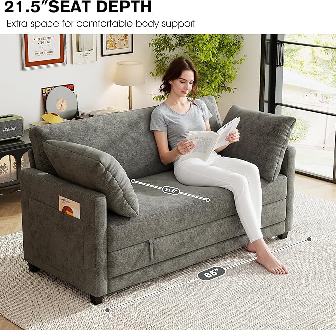 kakuboohi 65" Loveseat Sleeper Sofa Bed, Chenille Convertible Floor Sofa Bed for Small Spaces, Folding Couch Bed with Deep Seat, 2 Pillows & Solid Frame, Pull Out Floor Couch for Living Room, Grey