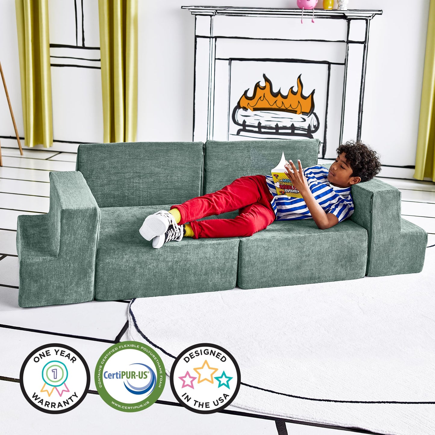 Yourigami Kids and Toddler Play Gym, Playroom Couch Set, Durable Modular Design, Green Meadows