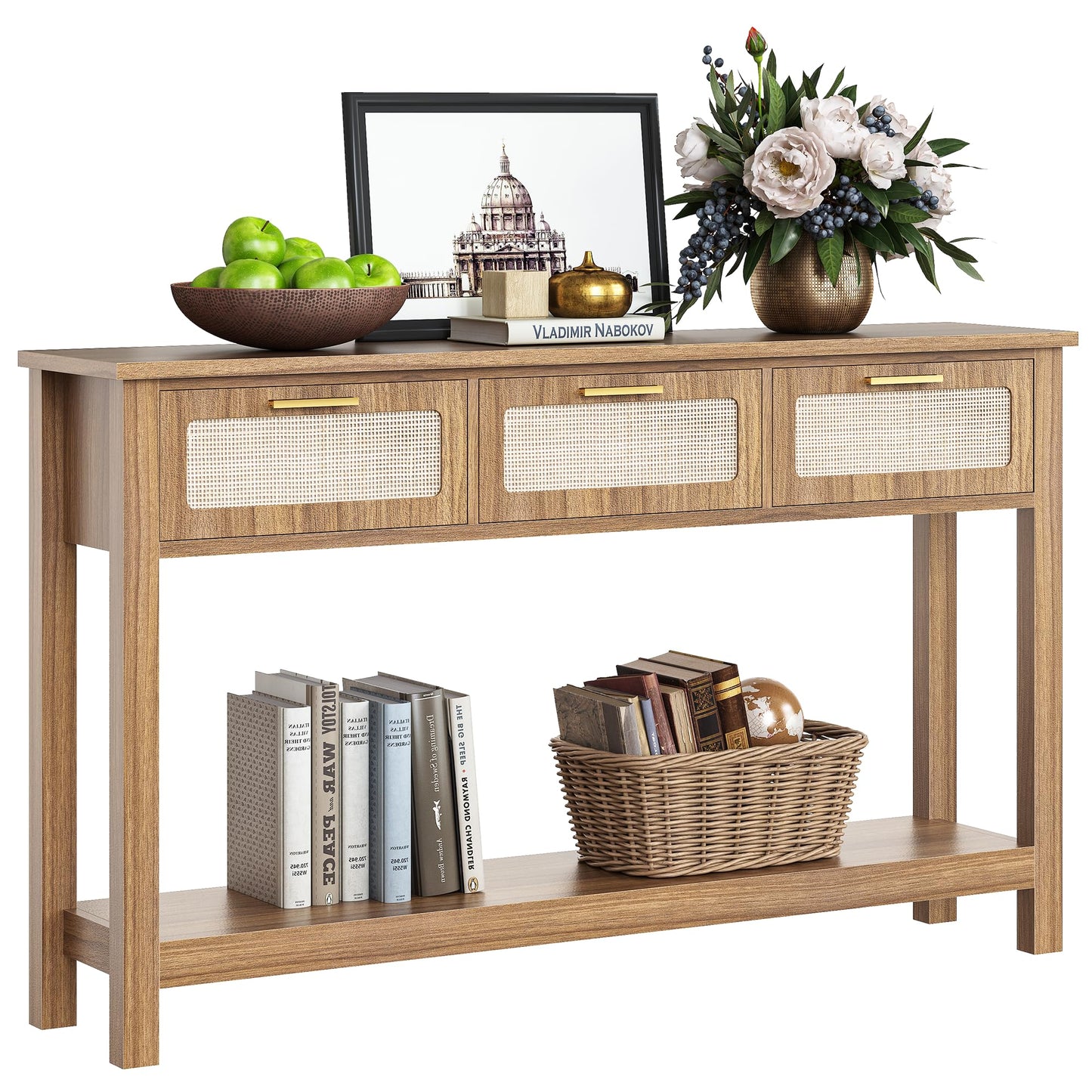 ELYKEN 51.2" Entryway Table with 3 Rattan Drawers, Boho Console Table Narrow with Storage, Long Sofa Table for Behind Couch Entry Hallway, Entrance, Living Room, Oak Brown