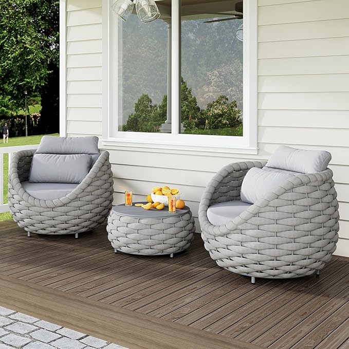 Erotr Front Porch Furniture Set: 3 Pieces Aluminum Patio Conversation Sofa Set for 2 - All Weather Woven Rope Outdoor Armchair Set w/Cushions No Assembly for Bistro Pool Yard Balcony Deck Hotel, Gray