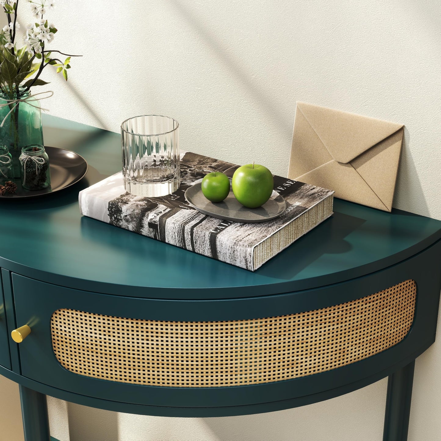 Half Moon Wood Console Table for Narrow Entryway, Boho Rattan Side Coffee Table with Storage, Accent Table for Small Spaces, Decorative Furniture for Living Room Hallway Foyer Entrance (Green)
