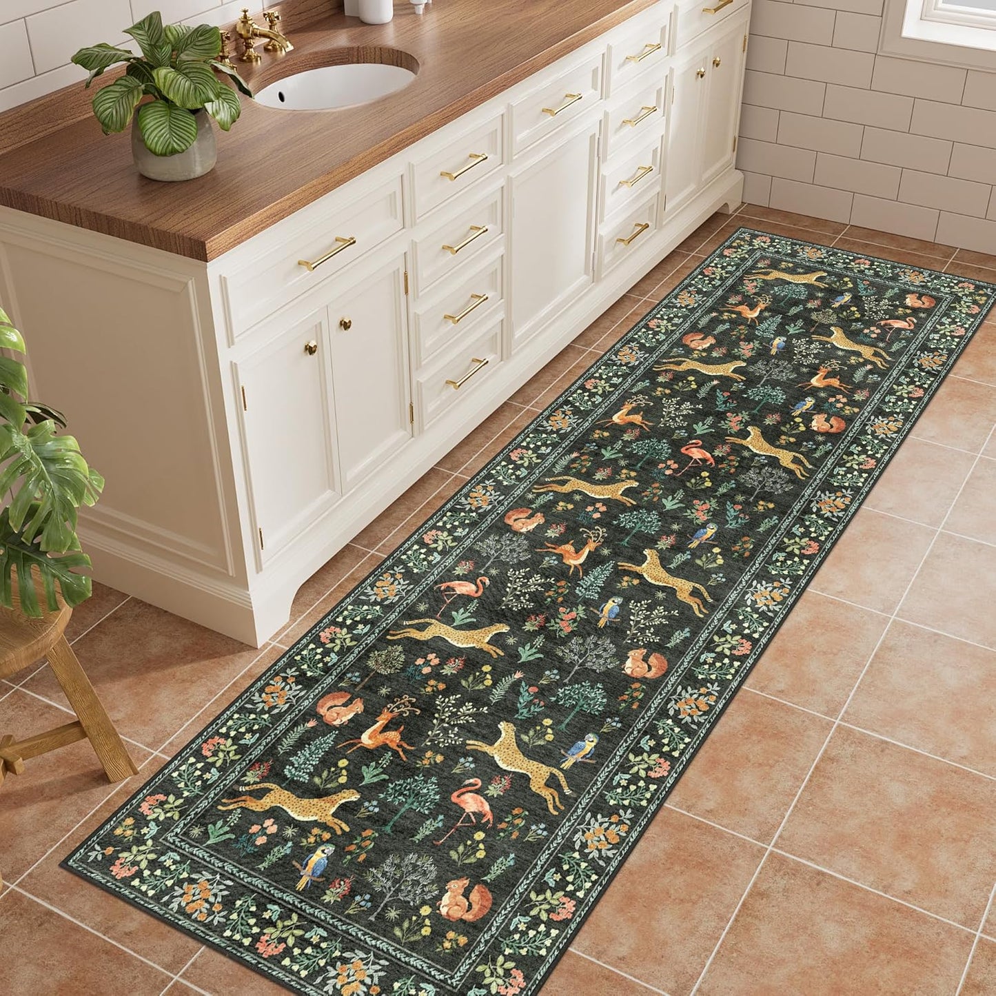 DUKINO 2x6 Rug for Hallway, Washable Kitchen Runner Rug with Non Slip Backing, Soft Low Pile Vintage Animal Runner for Bedroom, Kitchen, Hallway, Entryway, Laundry, Black