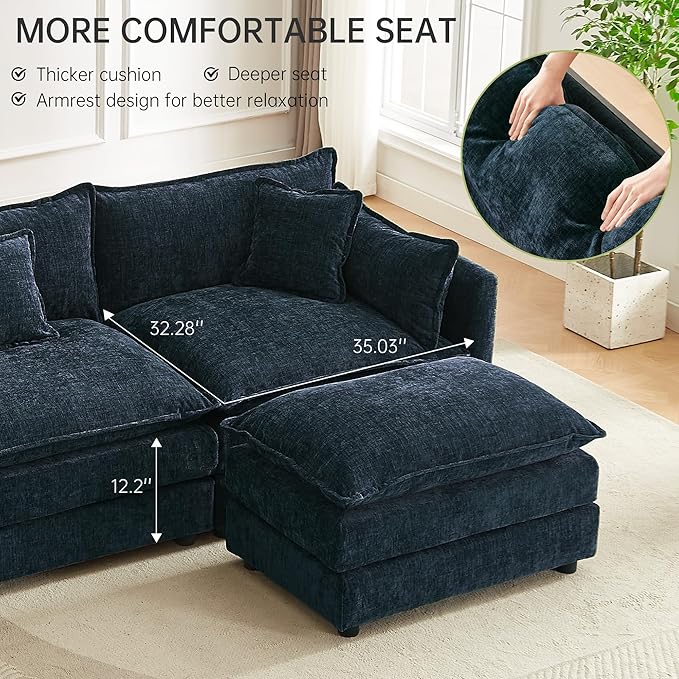 saows Modular Sectional Sofa, 112.2 Inch U Shaped Couch Set with Armrests, 3-Seater Comfy Cloud Couches with Movable Ottoman for Living Room Apartment, Blue