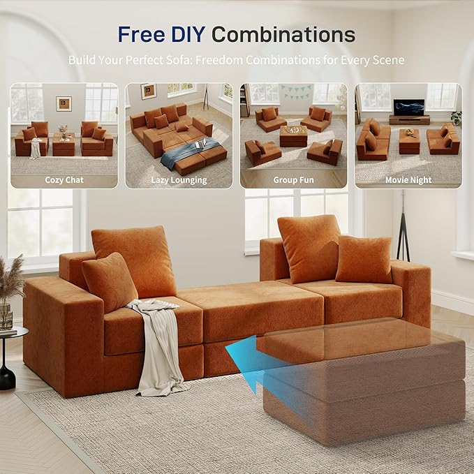 Cloud Modular Sectional Sofa, Comfy Boneless Couch for Living Room, Modern L-Shaped Couch with Reversible Chaise, Customizable Sleeper Sofa with Non Slip, No Assembly & Deep Seat, Orange