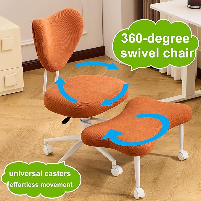 FLEXISPOT Cross Legged Office Chair Armless Kneeling Desk Chairs for Meditation ADHD Yoga Wide Criss Cross Chair with Wheels Vanity Chair for Girls Women Living Room Bedroom Study Small Space, Orange