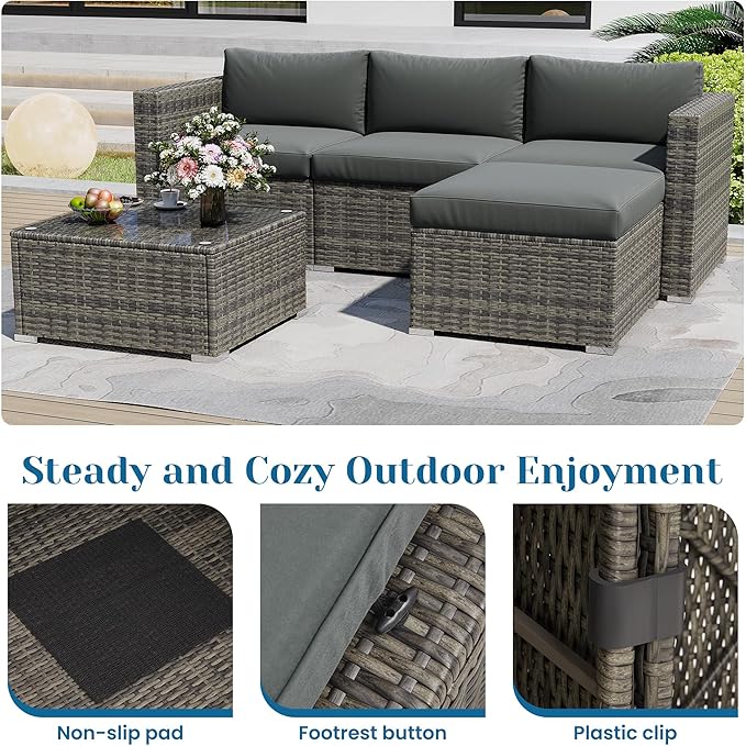 Green4ever 5-Piece Outdoor Patio Furniture Set, All-Weather Wicker Rattan Sectional Sofa with Cushions and Glass Coffee Table, Patio Conversation Set for Backyard, Porch, Garden, Balcony, Grey