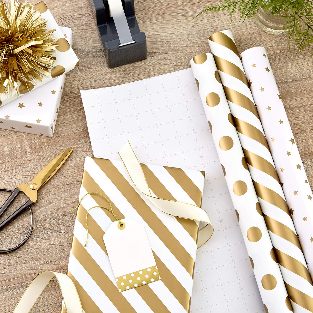 Hallmark Wrapping Paper Rolls for Weddings, Bridal Showers, Birthdays - Gold and White Gift Wrap Paper (Set of 3 Rolls: 105 sq. ft. ttl.) Metallic Striped and Polka Dot for All Occasions