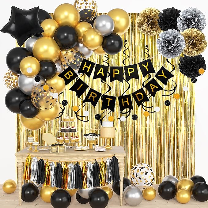 Black and Gold Birthday Party Decorations Kit for Men Women, Cheers Beer Confetti Black Gold Balloon Happy Birthday Banner...
