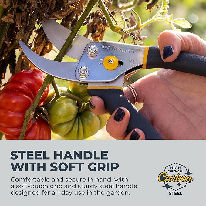 Woodland Tools Co. Bypass Pruning Shears for Gardening – 5/8" Cut Capacity, High Carbon Steel Blade with Non-Stick Coating, Soft Grip, Steel Handle, Hand Pruner for Plants, Flowers, and Shrubs