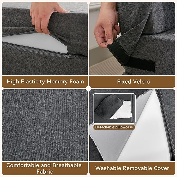 WUTUTUEE Folding Sofa Bed Convertible Floor Couch Foldable Chair Bed with Pillow，Linen Sleeper Chair Futon,Foldable Memory Foam Mattress for Bedroom/Living Room/Dorm/Office (Dark Grey, Single)