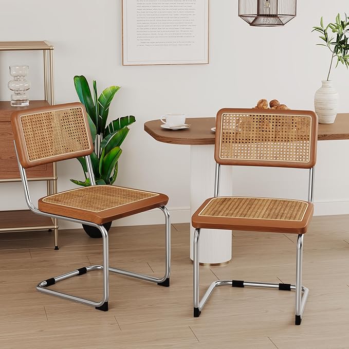 Alunaune Modern Mid Century Dining Chairs Set of 2, Upholstered Natural Rattan Kitchen Chairs Accent Chair, Armless Side C...