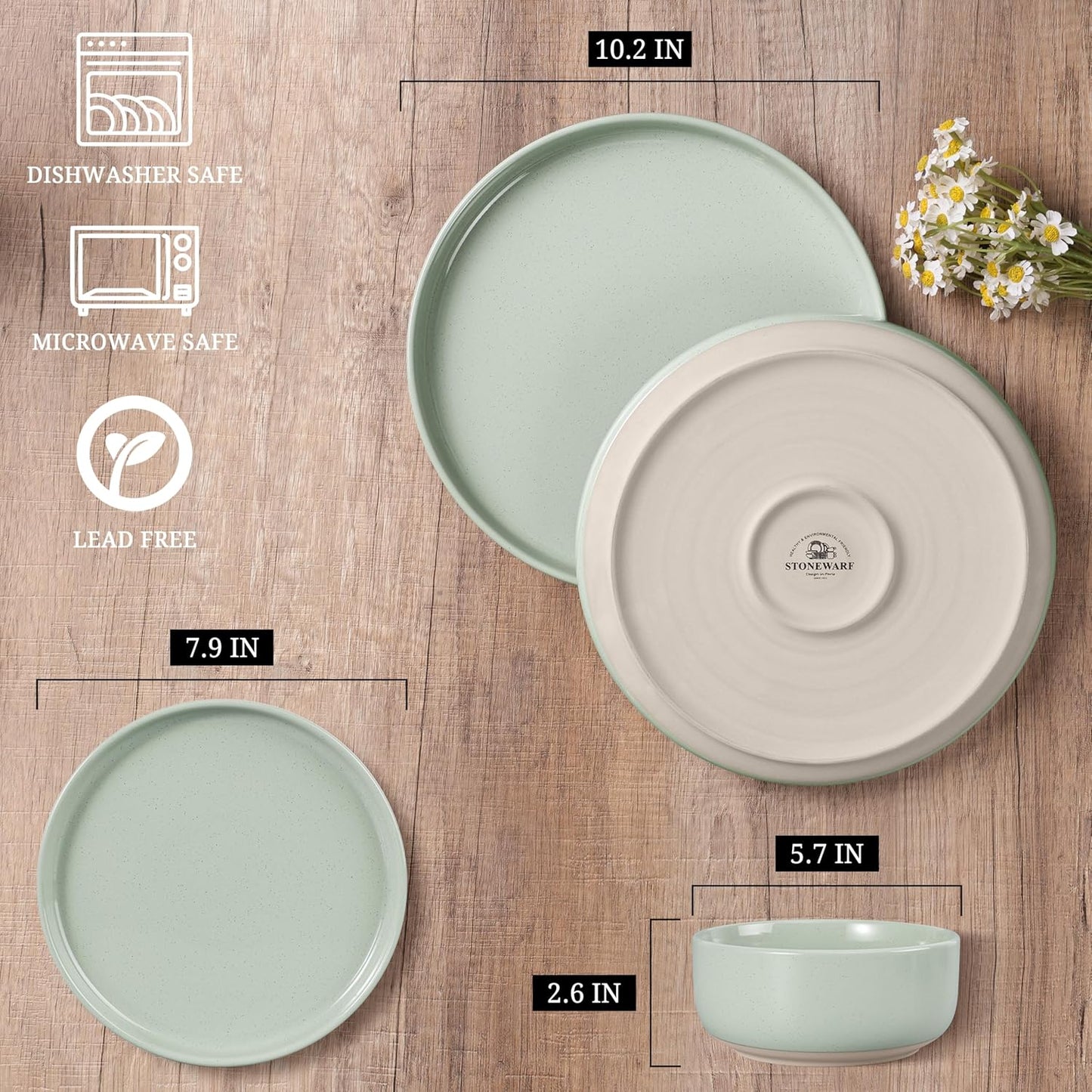 HaWare Stoneware Dinnerware Sets, 12-Piece Plates and Bowls Set for 4, Dishes Set for Home Restaurant, Speckled Asparagus Green