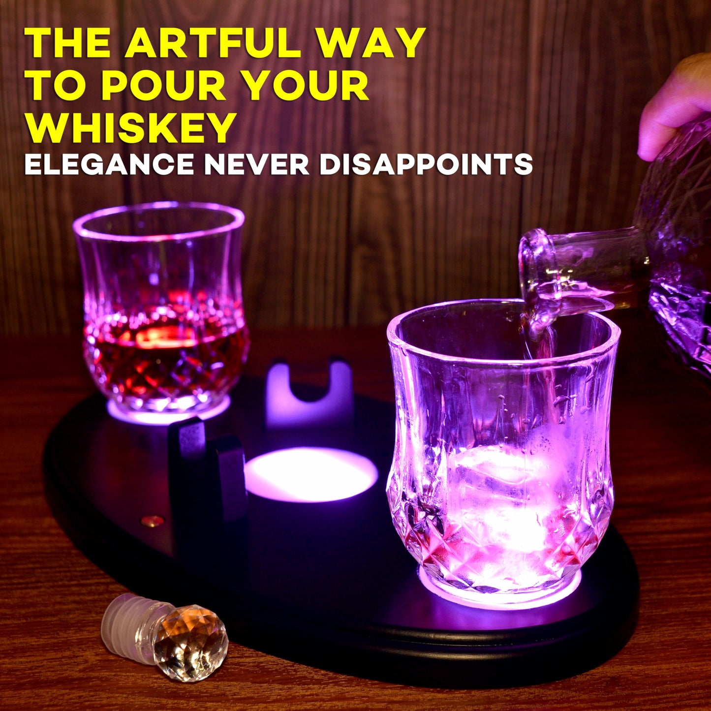 Jigger N' Dash LED Whiskey Decanter Set w Epcot Design. The Perfect Whiskey Dispenser for Home Bar - Decanter Set with Glasses and 7 RGB Light Stand - Whiskey Decanter Sets for Men - Alcohol Decanter