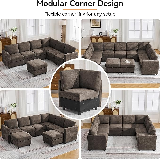 104'' V Shaped Modular Sofa, Sectional Couch with Storage for Living Room, Modern 7 Seater Cloud Sectional Couch with Movable Ottoman, Chenille Brown